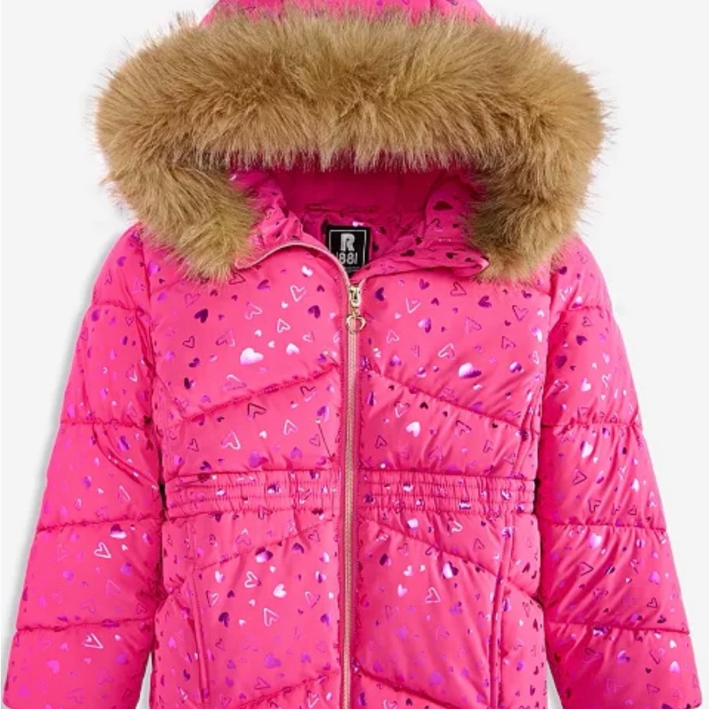 Pink Heart Patterned Puffer Jacket with Faux Fur Trim.